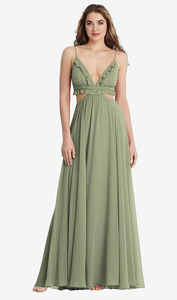 Front View - Sage Ruffled Chiffon Cutout Maxi Dress - Jessie