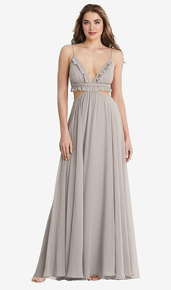 Front View - Taupe Ruffled Chiffon Cutout Maxi Dress - Jessie