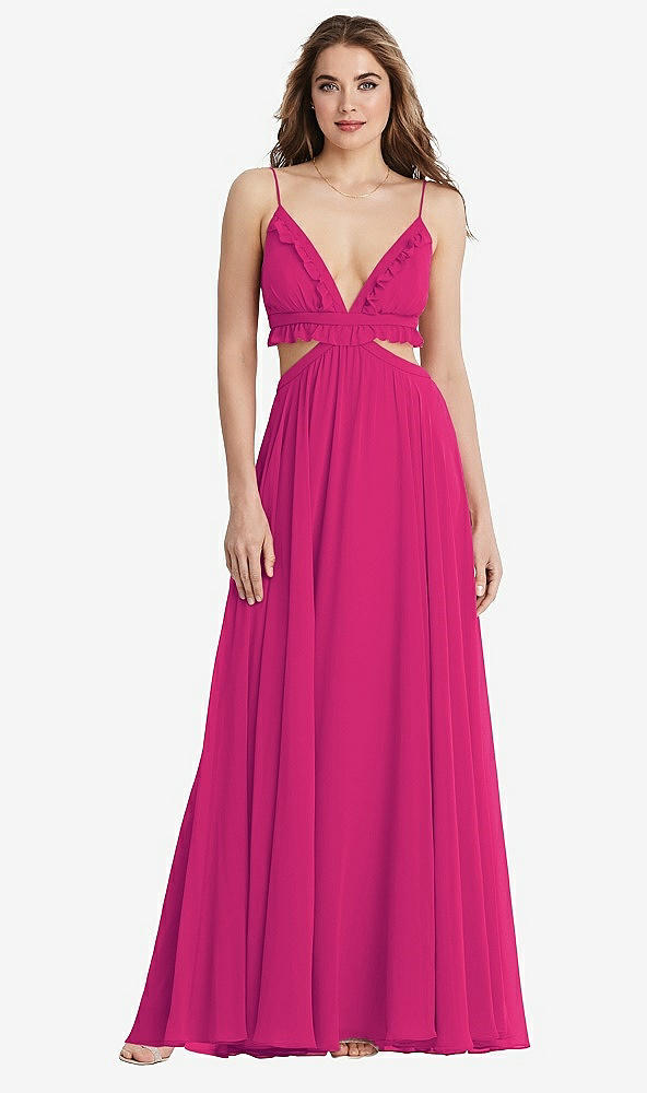 Front View - Think Pink Ruffled Chiffon Cutout Maxi Dress - Jessie