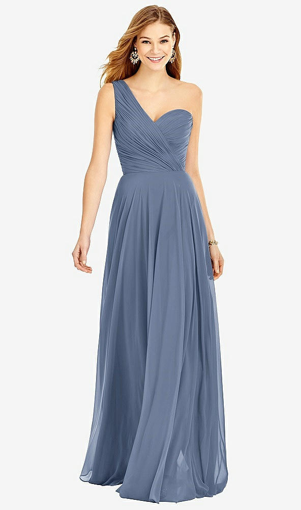 Front View - Larkspur Blue One-Shoulder Draped Chiffon Maxi Dress - Dani