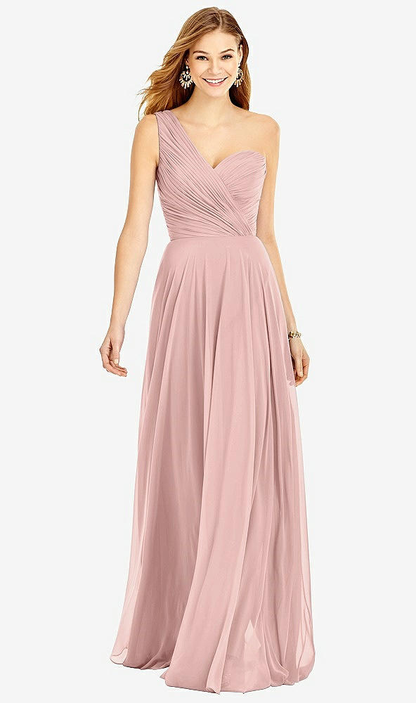 Front View - Rose - PANTONE Rose Quartz One-Shoulder Draped Chiffon Maxi Dress - Dani