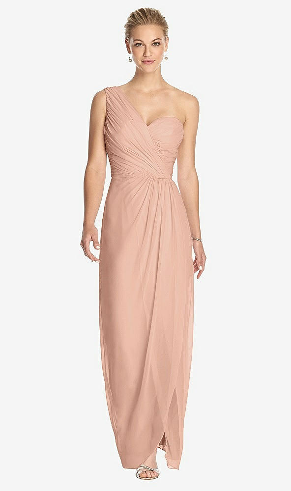 Front View - Pale Peach One-Shoulder Draped Maxi Dress with Front Slit - Aeryn