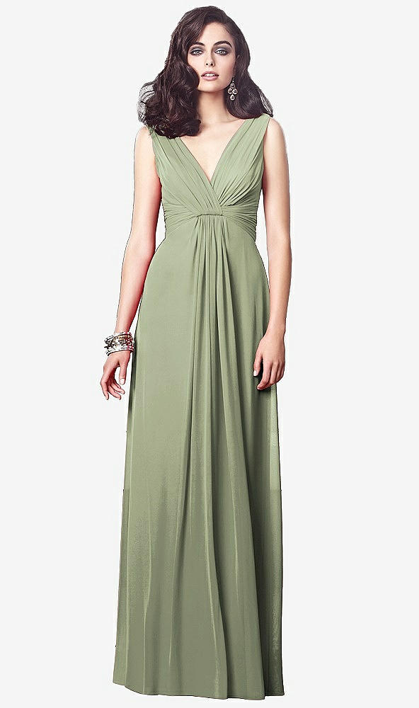 Front View - Sage Draped V-Neck Shirred Chiffon Maxi Dress