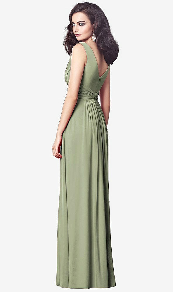 Back View - Sage Draped V-Neck Shirred Chiffon Maxi Dress