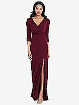 Front View Thumbnail - Cabernet 3/4 Sleeve V-Back Draped Wrap Maxi Dress - Yara