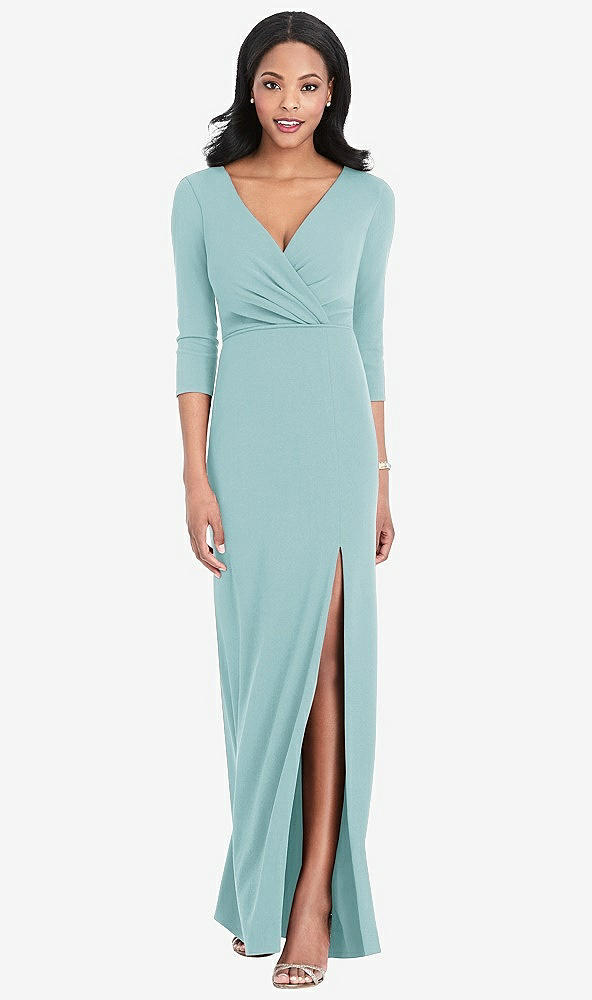 Front View - Canal Blue 3/4 Sleeve V-Back Draped Wrap Maxi Dress - Yara