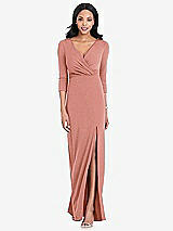 Front View Thumbnail - Desert Rose 3/4 Sleeve V-Back Draped Wrap Maxi Dress - Yara