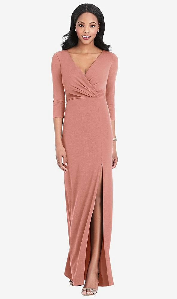 Front View - Desert Rose 3/4 Sleeve V-Back Draped Wrap Maxi Dress - Yara