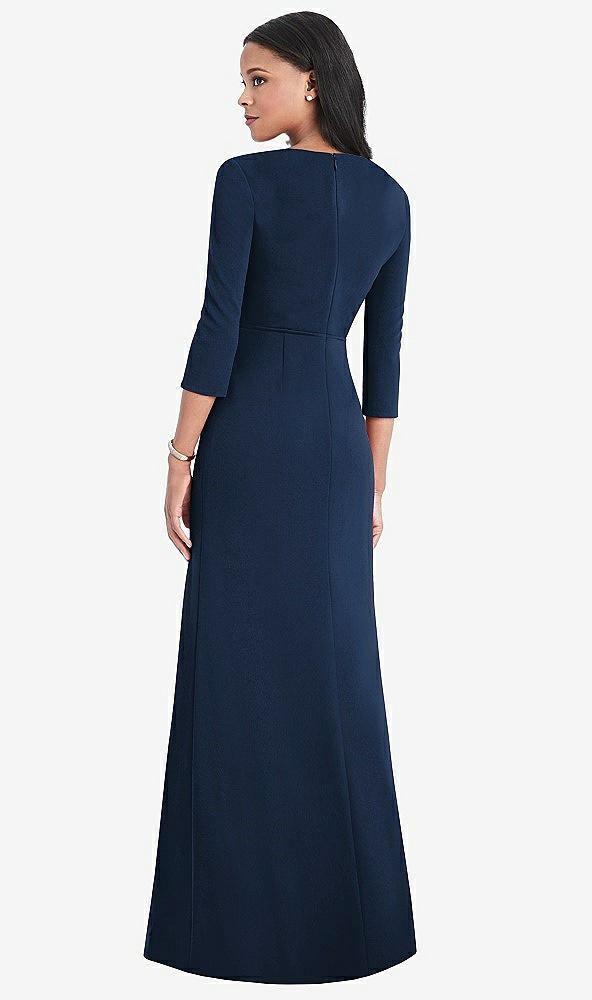 Back View - Midnight Navy 3/4 Sleeve V-Back Draped Wrap Maxi Dress - Yara