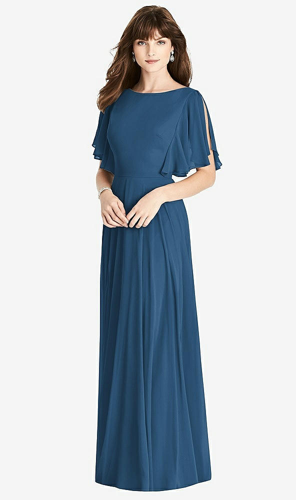 Back View - Dusk Blue Split Sleeve Backless Maxi Dress - Lila