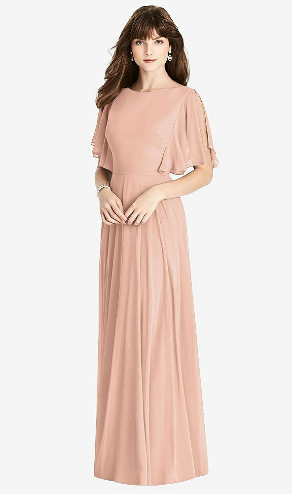 Back View - Pale Peach Split Sleeve Backless Maxi Dress - Lila