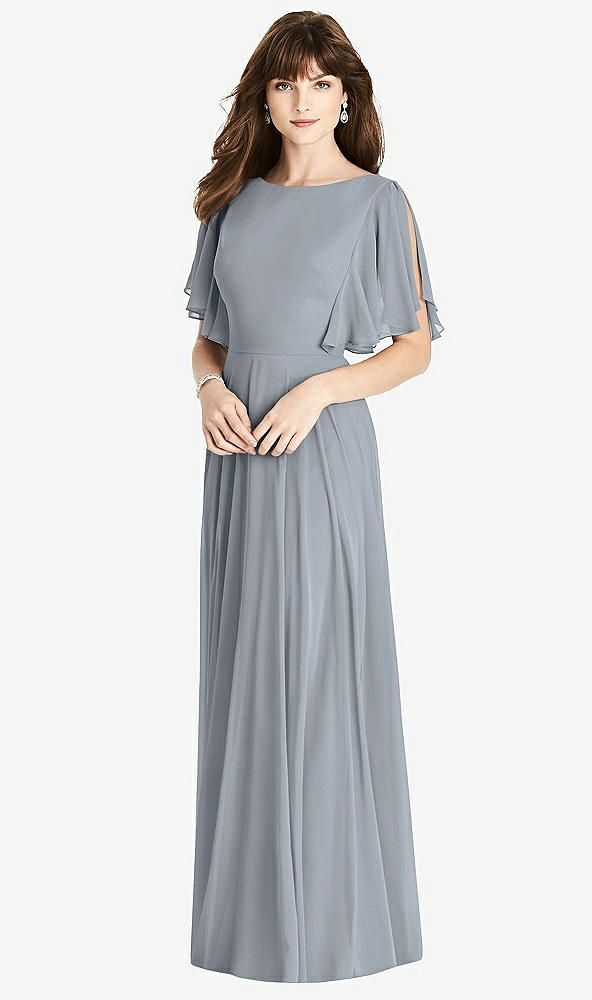 Back View - Platinum Split Sleeve Backless Maxi Dress - Lila