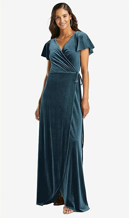 Flutter Sleeve Velvet Wrap Maxi Bridesmaid Dress With Pockets In Dutch Blue  | The Dessy Group