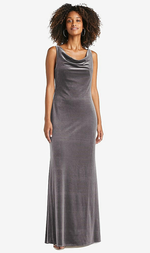 Front View - Caviar Gray Cowl-Neck Velvet Maxi Tank Dress - Priya