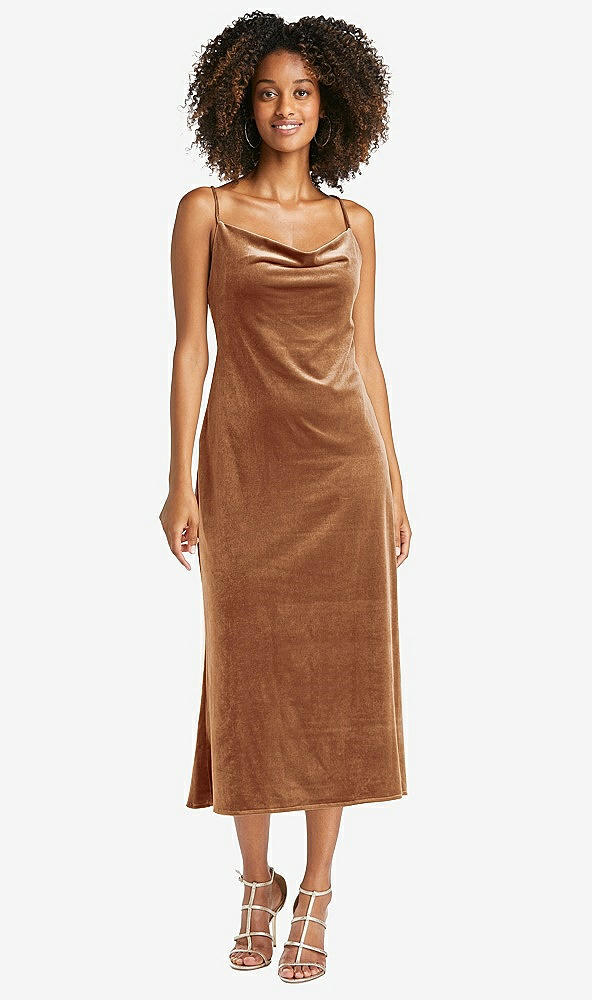 Front View - Golden Almond Cowl-Neck Convertible Velvet Midi Slip Dress - Isa