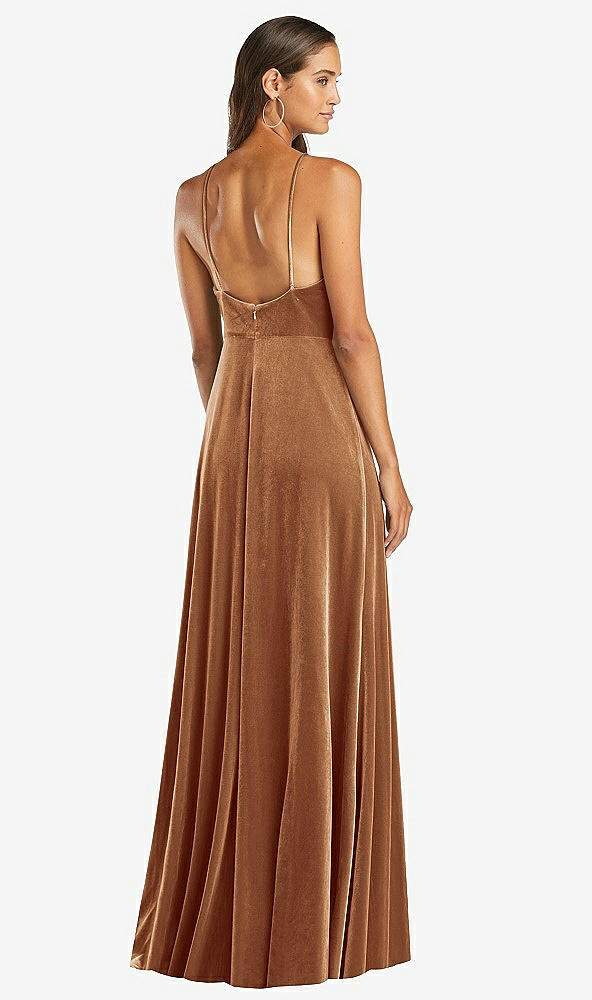 Back View - Golden Almond Velvet Halter Maxi Dress with Front Slit - Harper