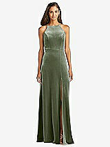 Front View Thumbnail - Sage Velvet Halter Maxi Dress with Front Slit - Harper