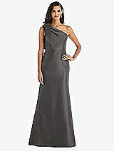 Alt View 1 Thumbnail - Caviar Gray Bow One-Shoulder Satin Trumpet Gown