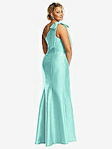 Rear View Thumbnail - Coastal Bow One-Shoulder Satin Trumpet Gown