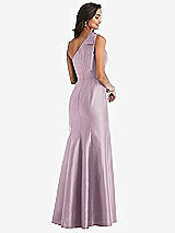 Alt View 3 Thumbnail - Suede Rose Bow One-Shoulder Satin Trumpet Gown