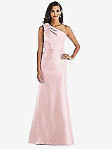 Alt View 1 Thumbnail - Ballet Pink Bow One-Shoulder Satin Trumpet Gown