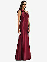 Alt View 2 Thumbnail - Burgundy Bow One-Shoulder Satin Trumpet Gown