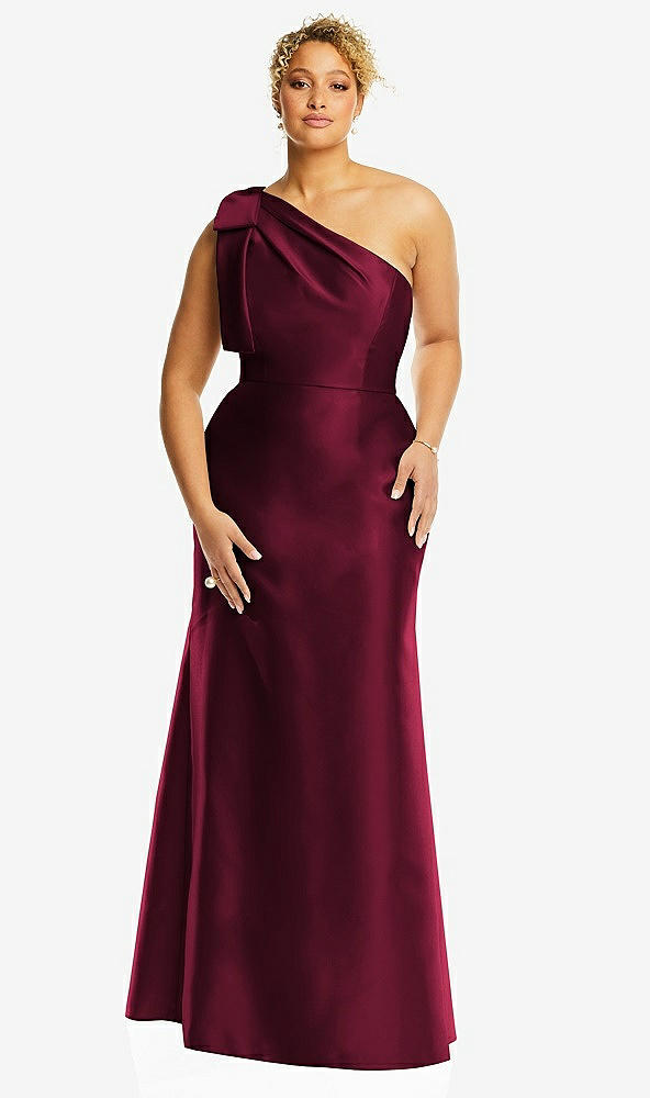 Front View - Cabernet Bow One-Shoulder Satin Trumpet Gown