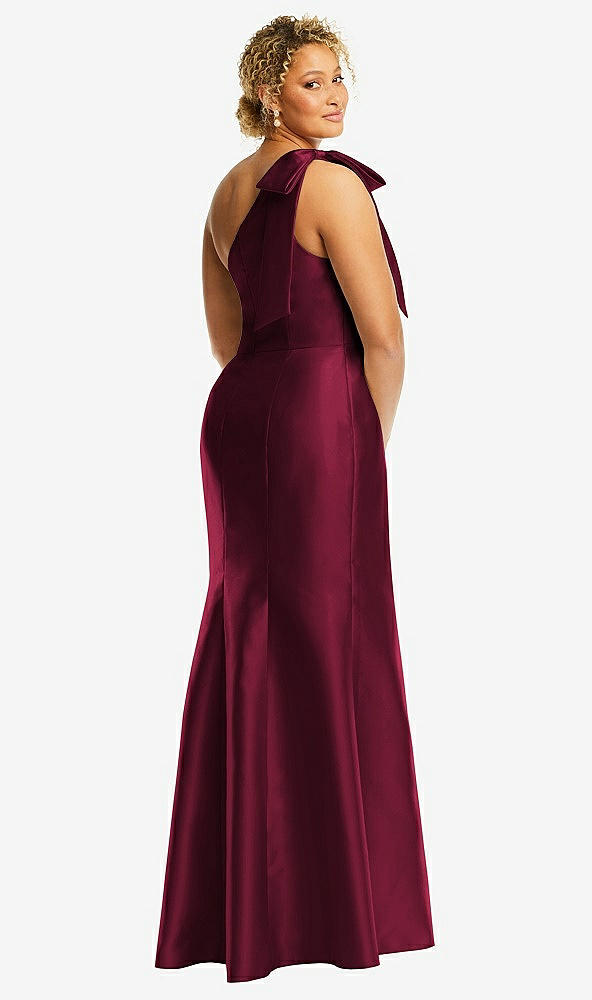 Back View - Cabernet Bow One-Shoulder Satin Trumpet Gown