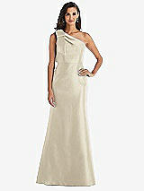 Alt View 1 Thumbnail - Champagne Bow One-Shoulder Satin Trumpet Gown