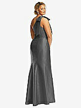 Rear View Thumbnail - Gunmetal Bow One-Shoulder Satin Trumpet Gown