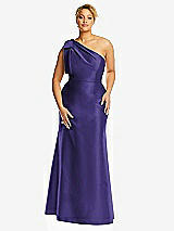 Front View Thumbnail - Grape Bow One-Shoulder Satin Trumpet Gown