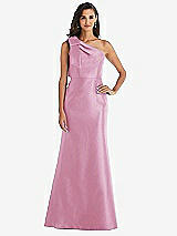 Alt View 1 Thumbnail - Powder Pink Bow One-Shoulder Satin Trumpet Gown