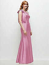 Rear View Thumbnail - Powder Pink Bow One-Shoulder Satin Trumpet Gown