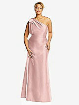 Front View Thumbnail - Rose - PANTONE Rose Quartz Bow One-Shoulder Satin Trumpet Gown