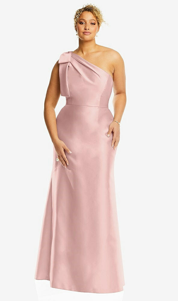 Front View - Rose - PANTONE Rose Quartz Bow One-Shoulder Satin Trumpet Gown