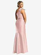 Rear View Thumbnail - Rose - PANTONE Rose Quartz Bow One-Shoulder Satin Trumpet Gown