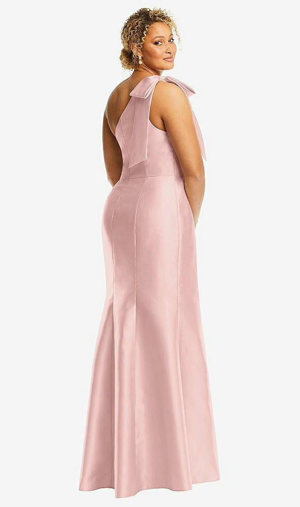 Back View - Rose - PANTONE Rose Quartz Bow One-Shoulder Satin Trumpet Gown