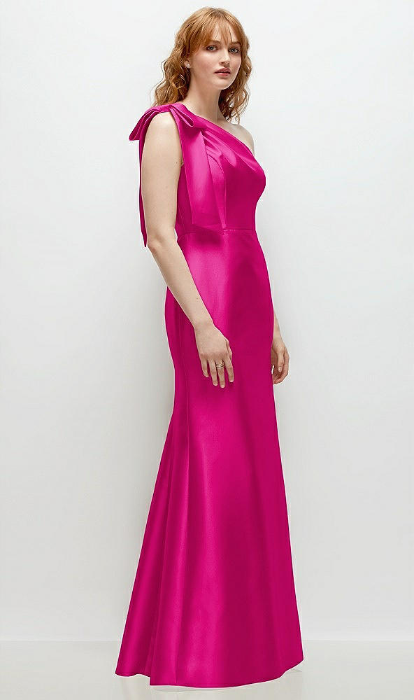 Back View - Think Pink Bow One-Shoulder Satin Trumpet Gown