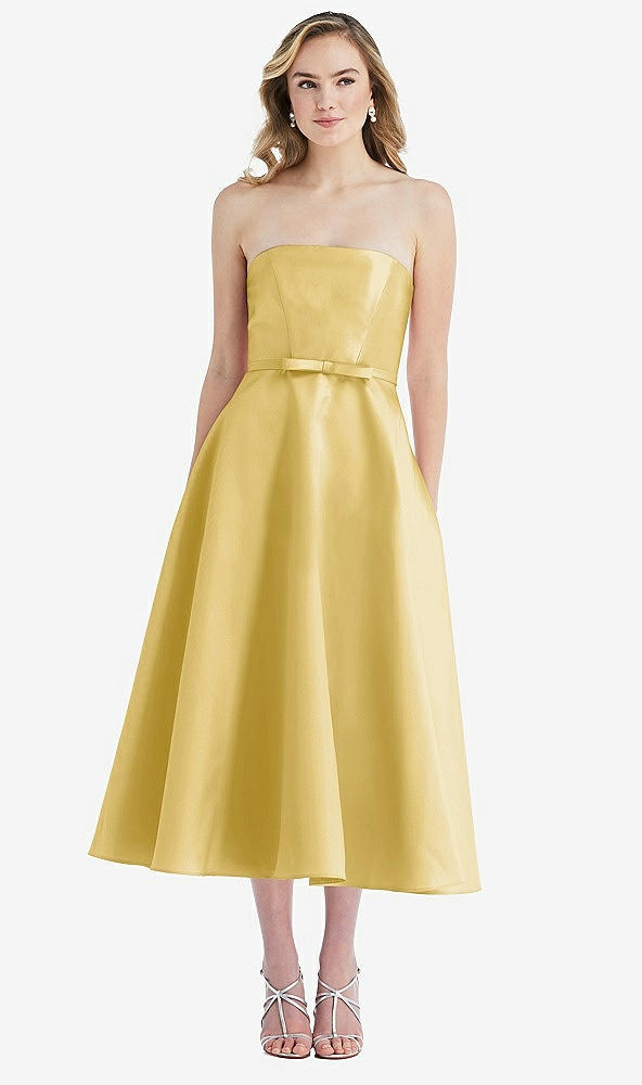 Front View - Maize Strapless Bow-Waist Full Skirt Satin Midi Dress