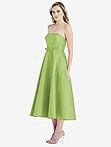 Side View Thumbnail - Mojito Strapless Bow-Waist Full Skirt Satin Midi Dress