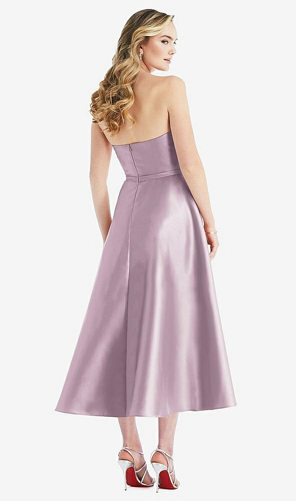 Back View - Suede Rose Strapless Bow-Waist Full Skirt Satin Midi Dress