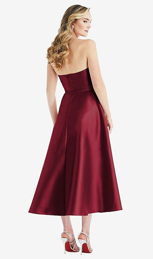 Back View - Burgundy Strapless Bow-Waist Full Skirt Satin Midi Dress