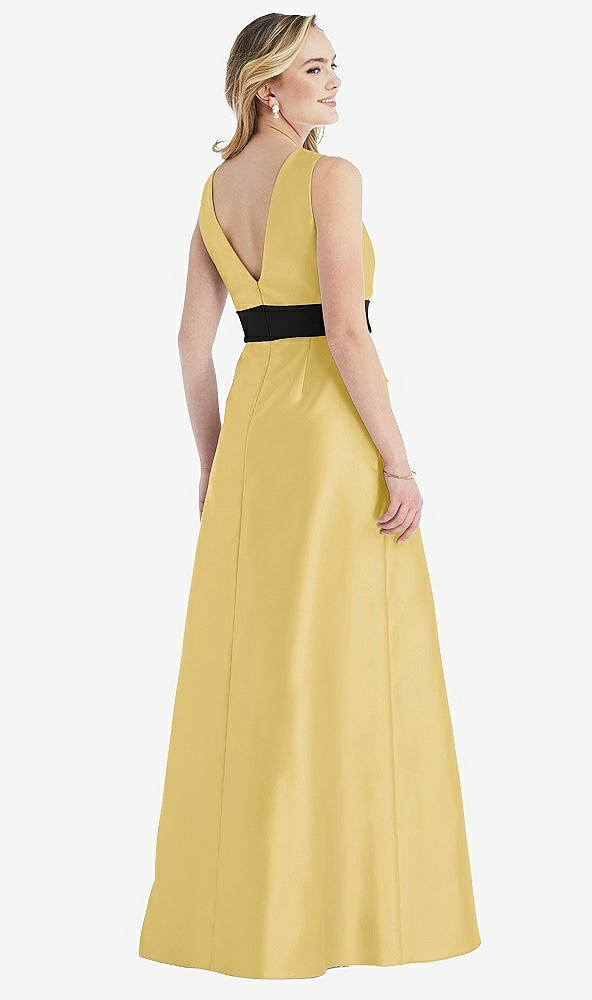 Back View - Maize & Black High-Neck Bow-Waist Maxi Dress with Pockets