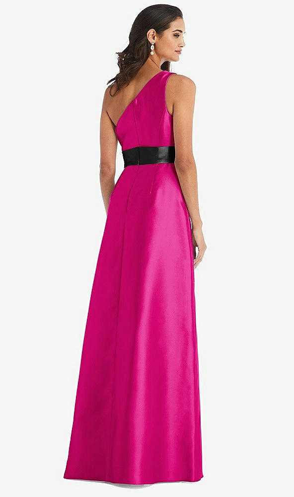 Back View - Think Pink & Black One-Shoulder Bow-Waist Maxi Dress with Pockets