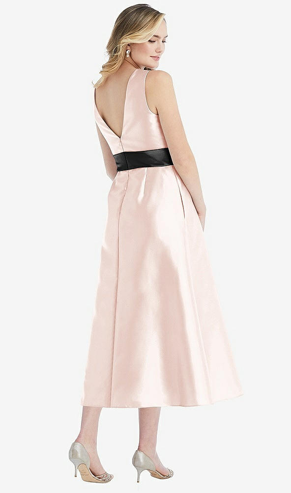 Back View - Blush & Black High-Neck Bow-Waist Midi Dress with Pockets