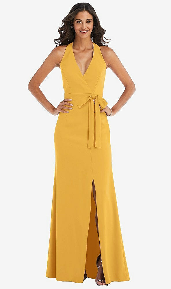 Front View - NYC Yellow Open-Back Halter Maxi Dress with Draped Bow