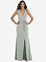 Front View Thumbnail - Willow Green Open-Back Halter Maxi Dress with Draped Bow