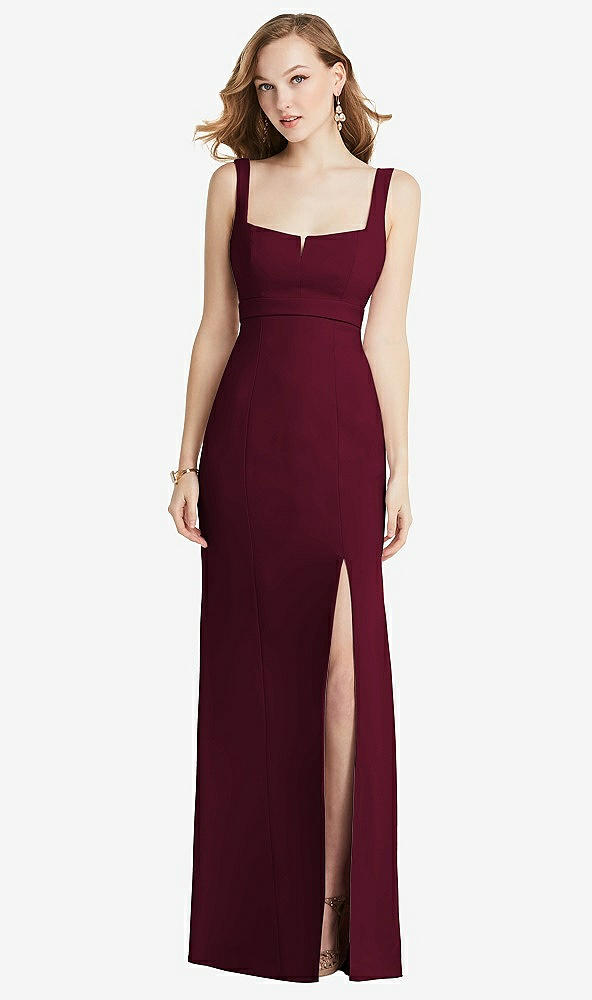 Front View - Cabernet Wide Strap Notch Empire Waist Dress with Front Slit