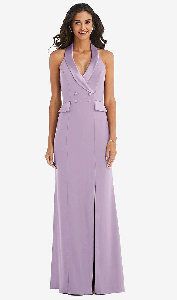 Front View - Pale Purple Halter Tuxedo Maxi Dress with Front Slit