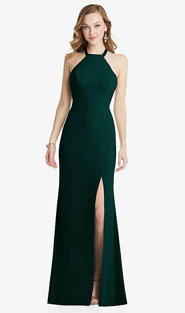 Back View - Evergreen High-Neck Halter Dress with Twist Criss Cross Back 